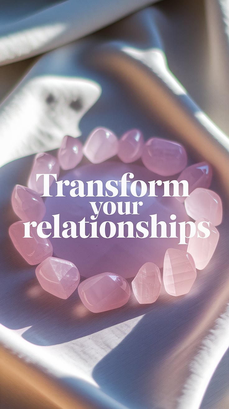 Transform Your Relationships An airy photo of a crystal grid made from pink selenite and rose quartz arranged on soft white linen, with warm sunlight casting gentle shadows. The font is a clean, wide sans serif in matte white with a soft lavender drop shadow, huge and bold, placed over the brightest part of the image, creating contrast while maintaining softness.