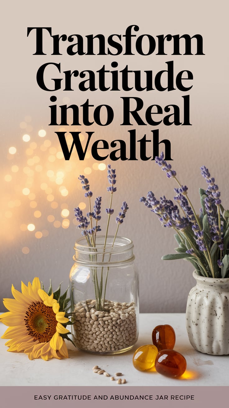 Transform gratitude into real wealth A neutral table with a jar, sunflower seed, amber, and lavender, with faint golden glow. Text: “Transform gratitude into real wealth” Smaller at the bottom: ‘Easy gratitude and abundance jar recipe’.