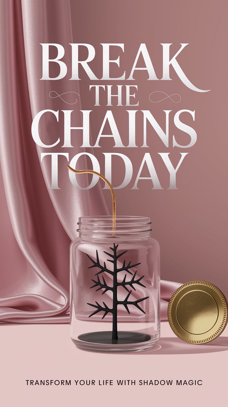 Transform your life with shadow magic A super feminine scene with a silk drape, a tiny black thorn mobile inside the jar, and a burnished coin. The background is light pink, and the large text in white with a gold tint says “Break the Chains Today” with a softened shadow. Small font: “Transform your life with shadow magic.”