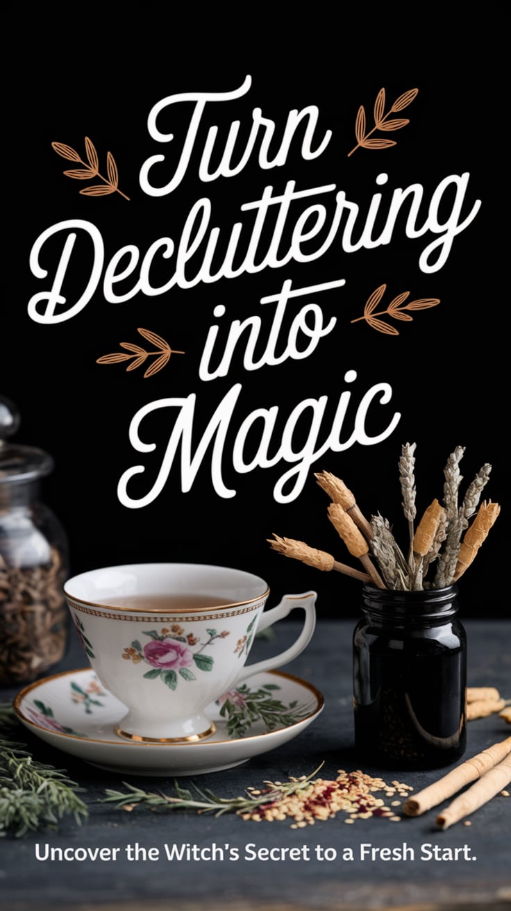 A serene scene with a vintage teacup, herbs, and a small black jar adorned with dried leaves and grains. In large, warm script, “Turn Decluttering Into Magic” stands out, promising transformation. 'Uncover the witch’s secret to a fresh start.'