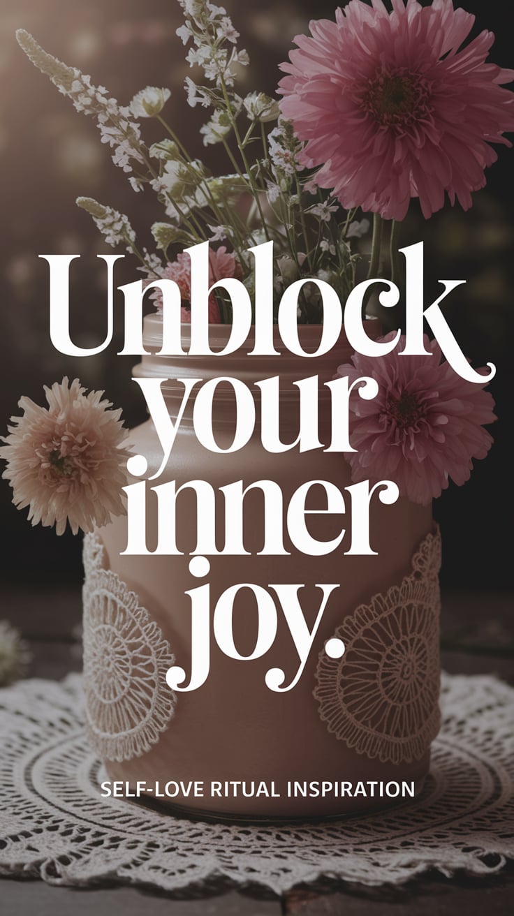 Dreamy, cottagecore aesthetic with lace and wildflowers. Focus on a jar with declared intentions. The words are in a large, bold serif font, with a pearlescent finish: "Unblock Your Inner Joy." It’s commanding yet feminine. Smaller: "Self-love ritual inspiration."