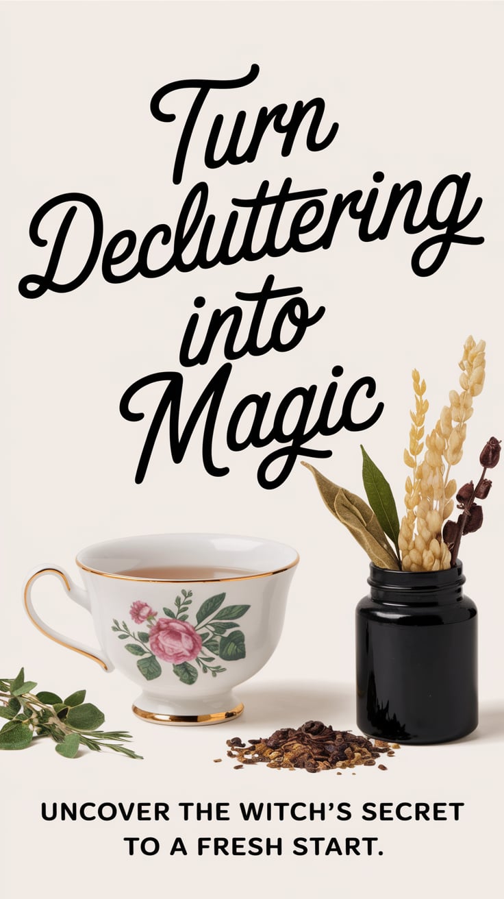 A serene scene with a vintage teacup, herbs, and a small black jar adorned with dried leaves and grains. In large, warm script, “Turn Decluttering Into Magic” stands out, promising transformation. 'Uncover the witch’s secret to a fresh start.'