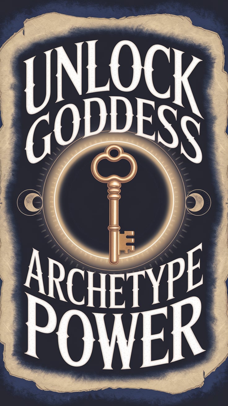 The Complete Guide to Goddess Archetypes: Meanings, Correspondences, and Practical Magic 5 A golden key rests in the center of aged parchment, surrounded by a faint glowing circle with lunar glyphs etched into the background. Everything is softly illuminated, as if by moonlight. The parchment fades into deep indigo at the edges. Text is bold serif in bone white, slightly distressed, wrapping gently around the key.