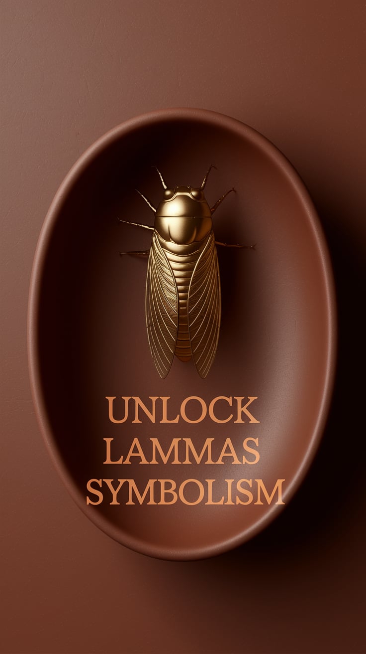 Unlock Lammas Symbolism A minimalist image featuring a golden cicada shell centered on a matte terracotta background. The shell’s fine ridges and curves are sharply detailed. Soft, warm light highlights its texture. Text in large clean sans-serif, deep golden-brown, floats just beneath the shell, perfectly balanced