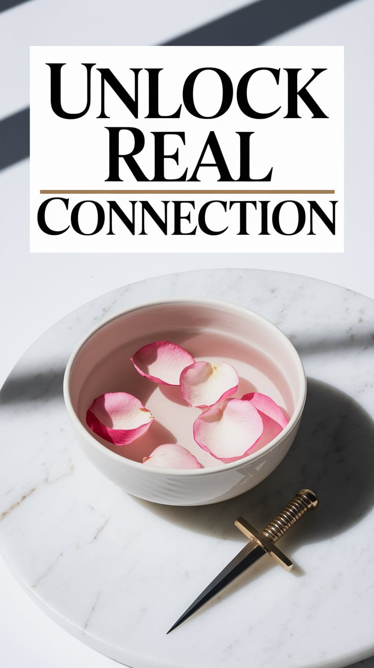 Unlock Real Connection A clean white ceramic bowl filled with rose water, floating petals, and a small silver ritual dagger resting beside it on a white marble surface. The background is stark white with soft shadows. The font is a bold, condensed serif in black with gold outlines, large and centered, with a slight emboss effect to give subtle texture and weight.