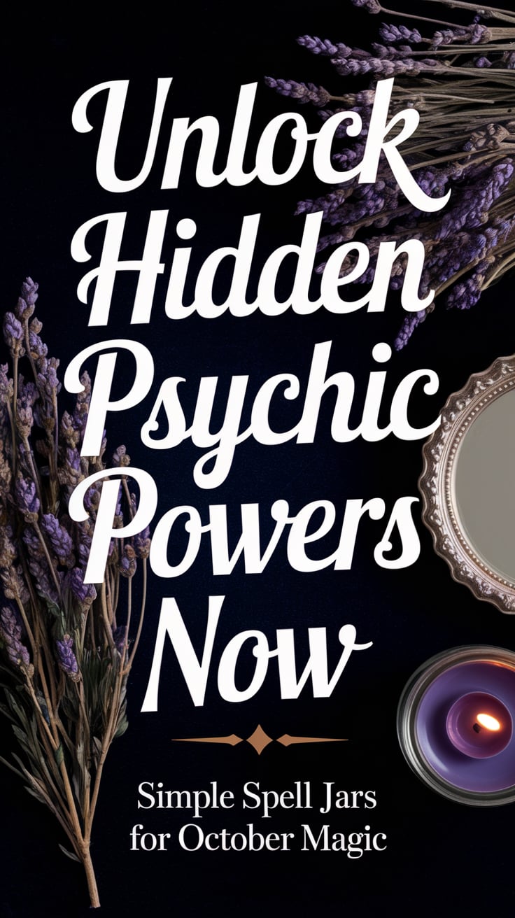 A dark velvet altar with dried herbs, a silver mirror, and a violet candle flickering. The text is in large, gold cursive: "Unlock hidden psychic powers now" beneath it, in smaller serif font: "Simple spell jars for October magic". The contrast is high, drawing immediate attention to the claim of unlocking secret abilities with ease.