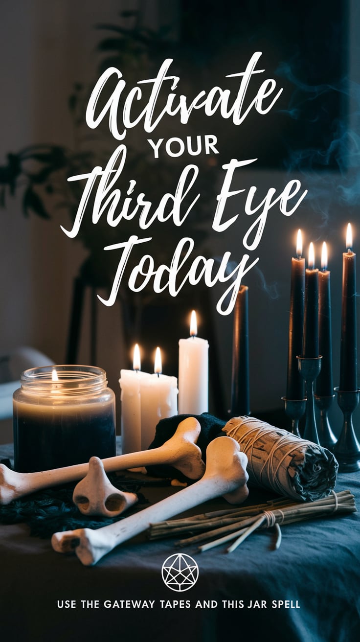 A candlelit table with bones, black candles, and sage. The text in large, luminous gold script: "Activate your third eye today" while the background remains dark and cozy. Beneath, in small italics: "Use the Gateway Tapes and this jar spell" — promising effortless empowerment.