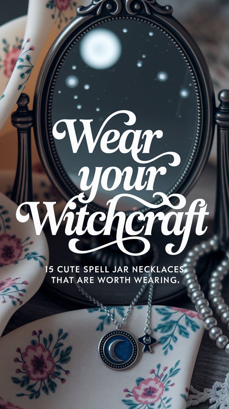 Wear your witchcraft Spell Jar A soft, cottagecore scene with a vintage mirror, floral fabric, and a charm necklace with a moon pendant. Moonlight softly illuminates. The large text in elegant script: “Wear your witchcraft” in pearlescent white. Subtext beneath: “15 Cute Spell Jar Necklaces That Are Worth Wearing.”