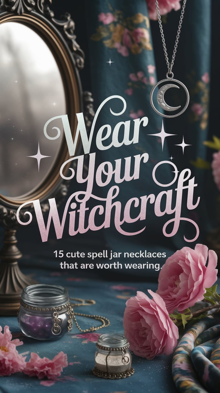 Wear your witchcraft A soft, cottagecore scene with a vintage mirror, floral fabric, and a charm necklace with a moon pendant. Moonlight softly illuminates. The large text in elegant script: “Wear your witchcraft” in pearlescent white. Subtext beneath: “15 Cute Spell Jar Necklaces That Are Worth Wearing.”