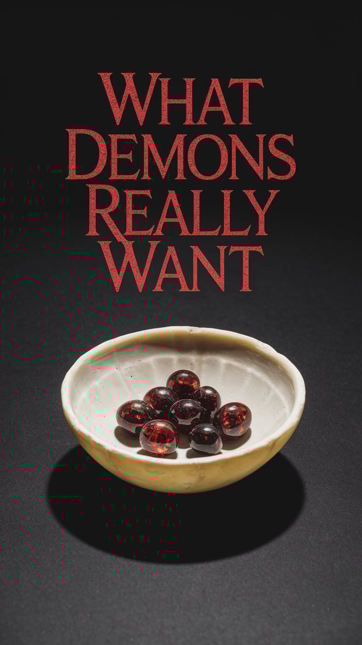 A pale bone offering bowl rests perfectly centered, filled with a few raw garnets that gleam with dark red highlights. The bowl casts a faint shadow on the smooth black surface beneath. The background is empty and matte, allowing the focal point to dominate. Text is blood red, bold, and tightly spaced, placed just above the bowl in all caps.