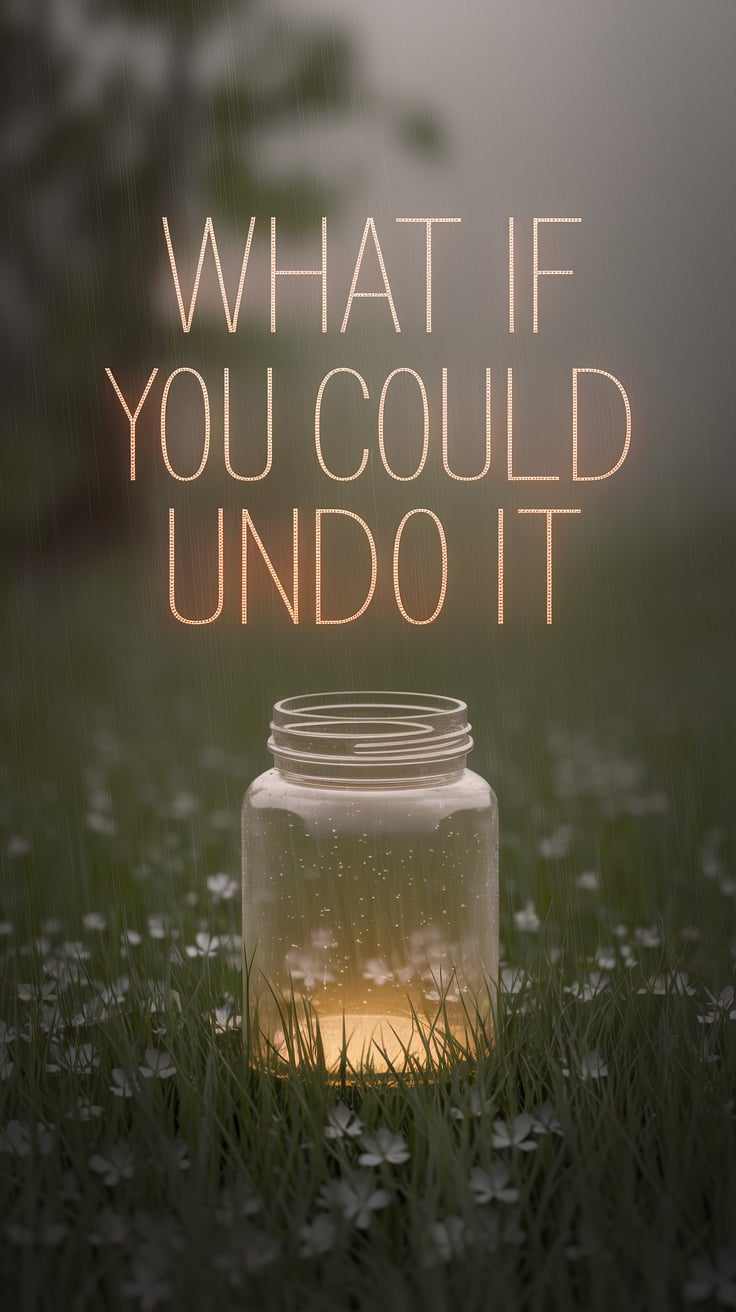 What If You Could Undo It A solitary jar rests in the grass after a light rain, a small patch of clover around it. Everything is muted green and soft grey, like a memory. The jar glows faintly from inside, like it holds something sacred and forbidden. Text is thin, uppercase serif in a glowing pale amber, floating above the jar. The mood is beautiful, but the promise cuts deep: donโt you want to reverse what happened?