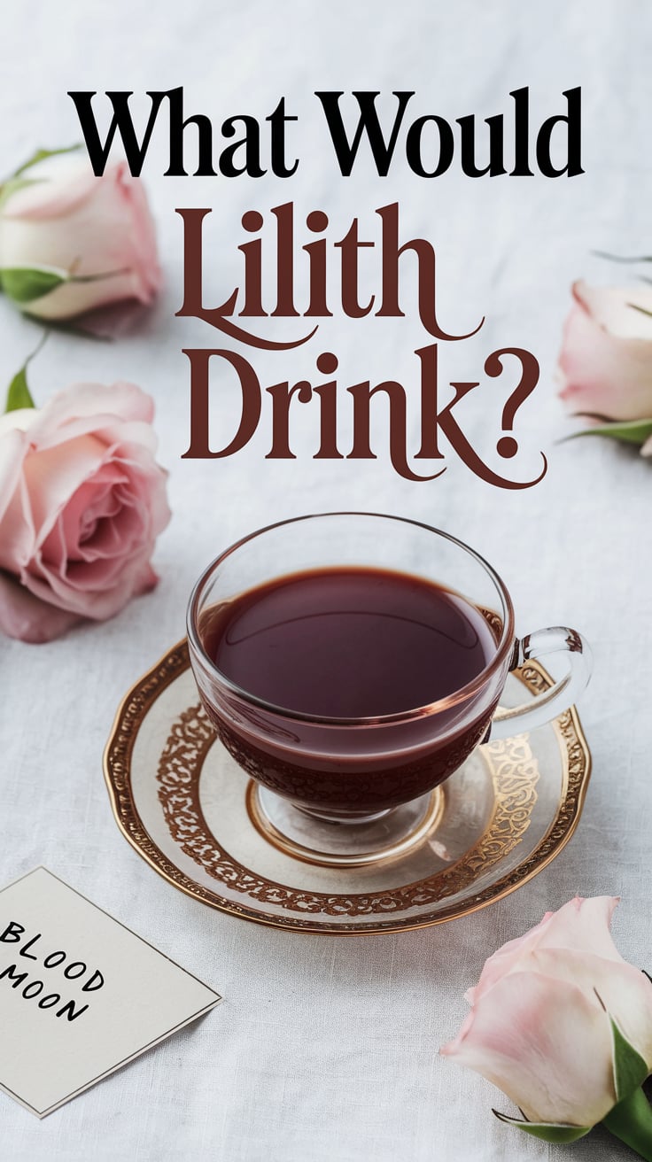 Cocoa elixir in a vintage glass teacup on gold saucer. White linen and pink roses surround it. A handwritten card reads 'Blood Moon.' Text in cocoa serif curls across the top like a spellbook title.