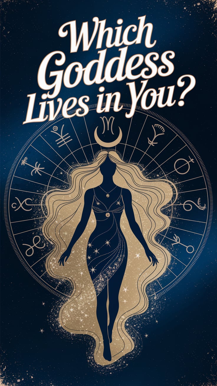 The Complete Guide to Goddess Archetypes: Meanings, Correspondences, and Practical Magic 4 An abstract feminine silhouette made of swirling gold dust and stars, crowned by a crescent moon, floats at the center of a starry indigo background. Behind her: a radiating wheel of archetypes etched faintly in bone white, resembling zodiac or alchemical symbols. Text is enormous, glowing gold in a flowing calligraphic style, hovering just above the silhouette.