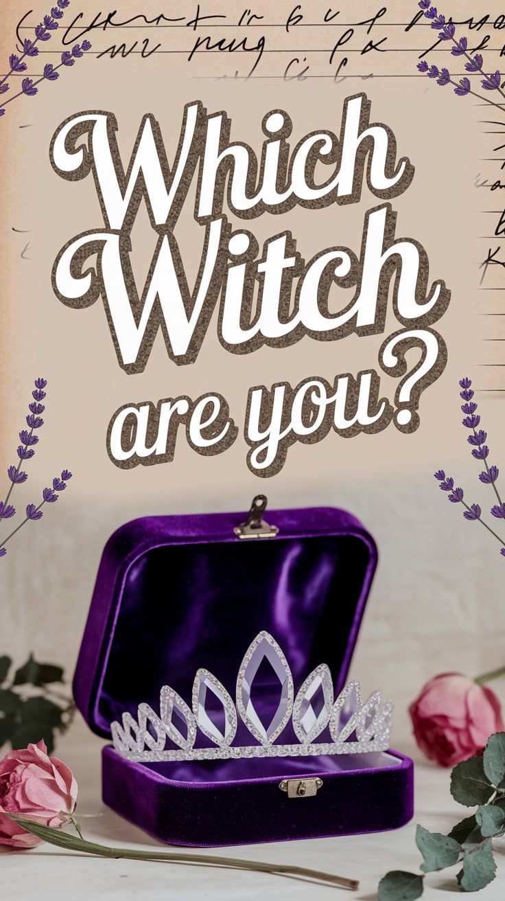 Which Witch Are You A playful script font in antique ivory with a glittery gold outline—oversized, arched along the top edge of the image. Below it, a pastel parchment page shows incomplete sigils written in looping handwriting. Dried herbs (lavender, bay, rose) form a soft border. In the center: a delicate crystal tiara rests in a velvet box, glowing faintly. The soft aesthetic invites viewers to place themselves in the image—you belong here, and you’re missing something you’re about to find.