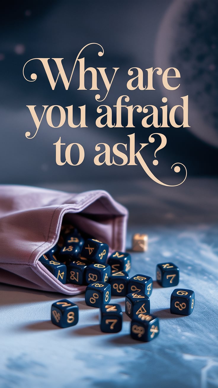 An open velvet pouch spills astro dice across a moonlit surface, but all dice are turned away from the viewer, showing blank faces. The background is a faded dove grey, almost dreamlike. The font is elegant cursive, delicate but large, in a muted gold. The composition feels gentle but deeply confrontational.