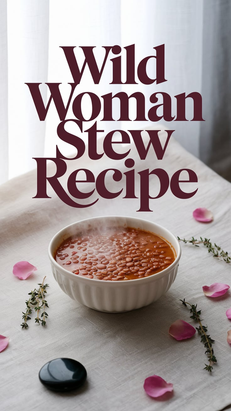 Wild Woman Stew Recipe A porcelain bowl of steaming red lentil stew sits on a pale linen cloth. Around the bowl are scattered pink rose petals, sprigs of thyme, and a polished black onyx stone. The bowl glows slightly in morning light coming through sheer white curtains. The text is large and centered in an elegant serif font, dusty pink in color with soft shadows. It feels soft, gentle, and nourishing—but the title promises something untamed.