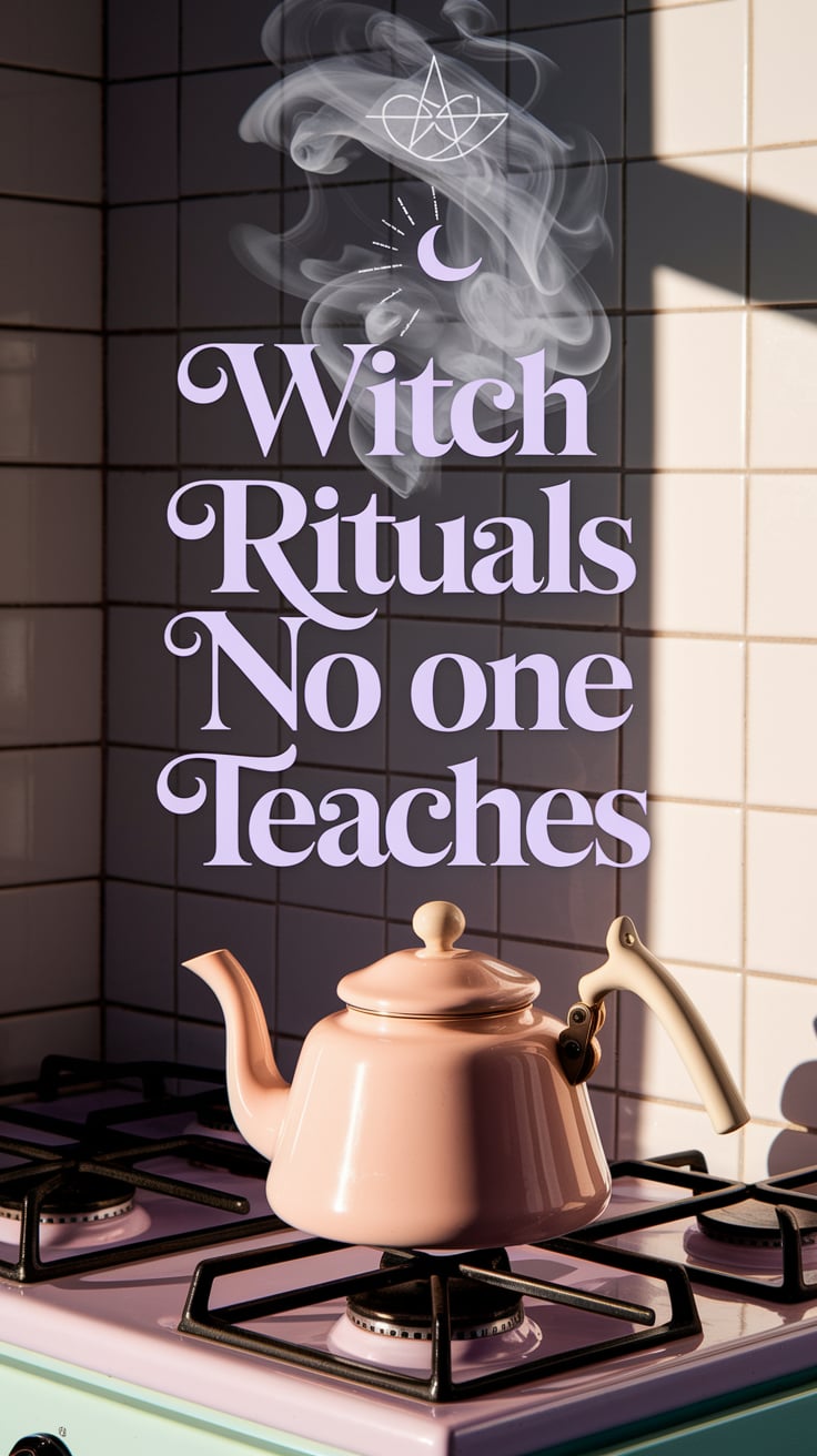 Witch Rituals No One Teaches A pale enamel kettle on a pastel stove. Wisps of steam curl into faint symbols—runes, a crescent moon, a sigil—all subtle and ethereal. The lighting is warm and golden, soft shadows playing across the white tiled wall. The title is in pale lavender with gold drop shadow, large and centered in the steam.