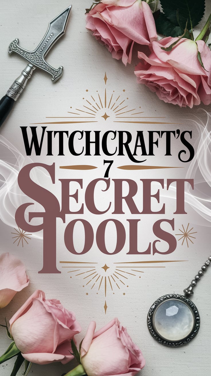 Witchcrafts 7 Secret Tools A flat lay of soft-focus altar objects: a silver athame, moonstone pendulum, rose petals. The backdrop is pale linen with wisps of incense smoke curling around. The text is centered in a vintage serif, large, in dusty mauve with golden highlight strokes.