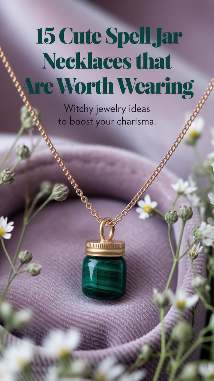Witchy jewelry ideas to boost your charisma A close-up image of a delicate necklace with a tiny malachite charm resting on soft velvet, surrounded by wildflowers. The background is softly blurred. The bold, large text reads, “15 Cute Spell Jar Necklaces That Are Worth Wearing” in deep emerald green contrasted against a light background. Subtitle in a soft script: “Witchy jewelry ideas to boost your charisma.”