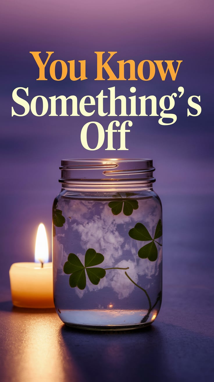 You Know Somethings Off A jar filled with clouded water sits beside a single lit candle. The background is dusky, a fading lavender twilight. One clover leaf floats on the waterโs surface. The light source is low, casting long shadows. The font is classic serif in a glowing soft amber, text dead center. Itโs not loudโbut it gets inside your head. Youโre not imagining it. Something is wrong, and this jar might be the cure.
