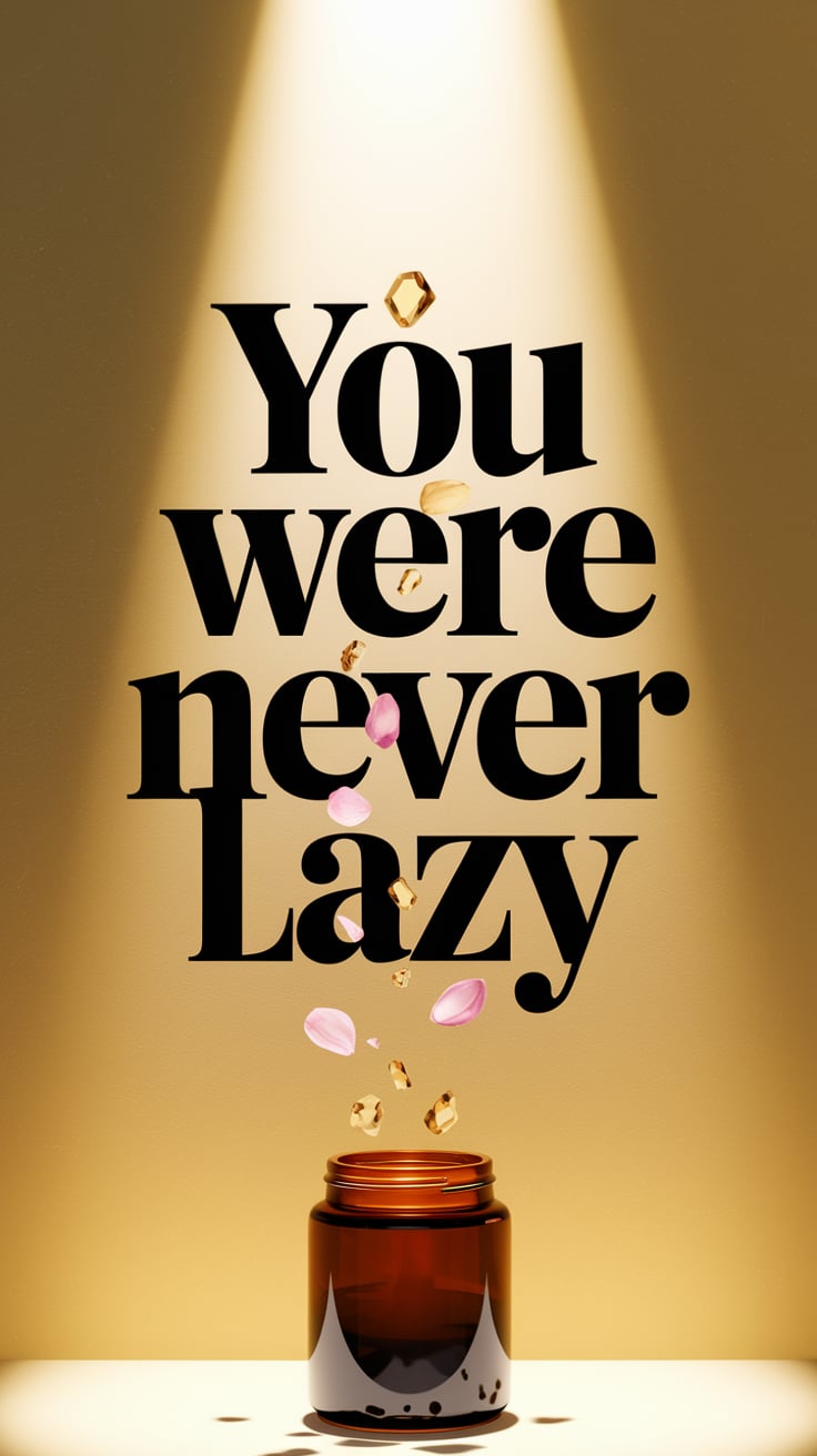 A matte yellow-beige backdrop. At the center: an open jar, light streaming up from it, petals and citrine fragments suspended midair above it. The text is black, bold, serif, and almost accusatory, like it knows you’ve been blamed too long.