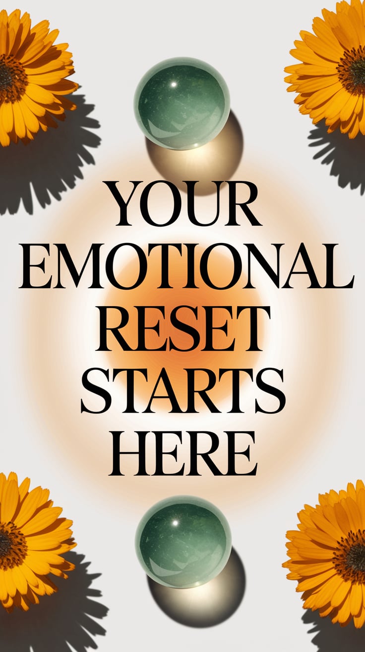 A clean white background with gentle calendula petals faintly shadowed in the corners. Centered is a smooth green fluorite sphere glowing softly. Text is large, uppercase serif in a warm amber, the edges softly blurred to create an inviting glow. The phrase offers a hopeful solution to emotional overwhelm.
