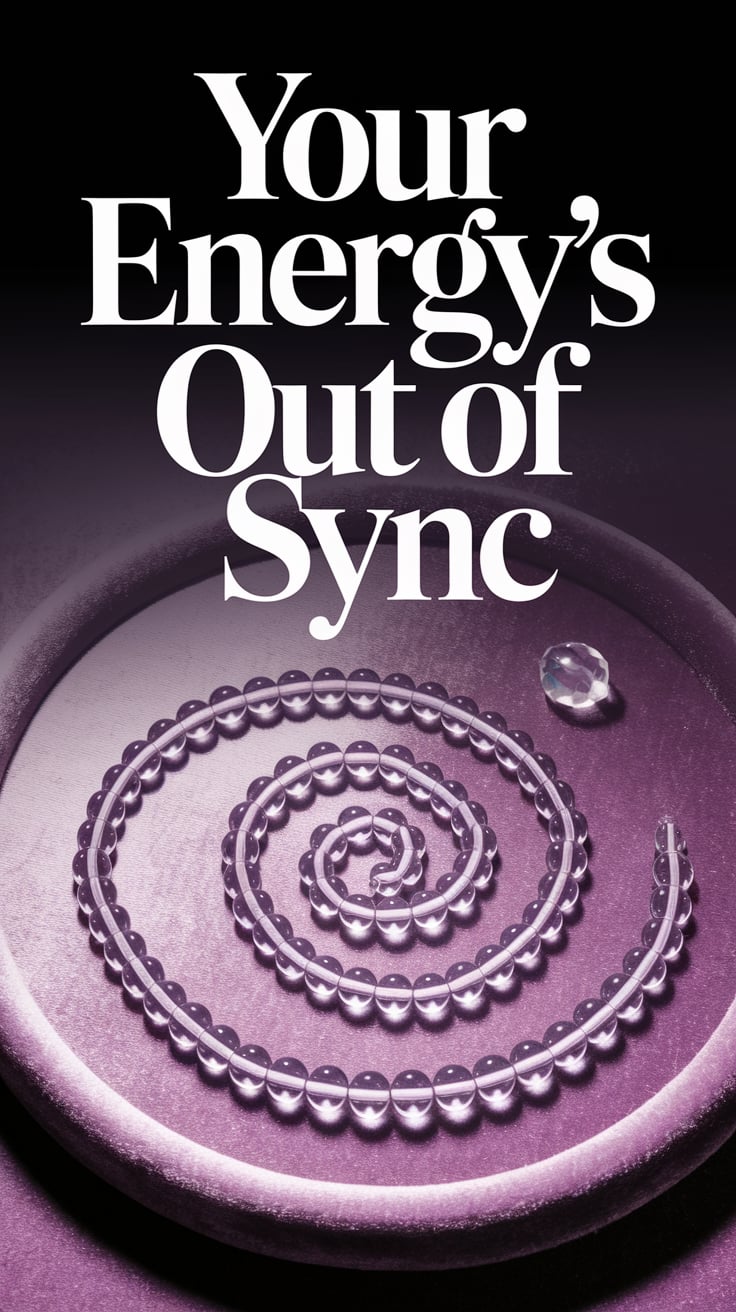 A broken chain of crystal beads lies in a spiral on a velvet altar cloth. One bead sits just beyond the pattern, catching the light. Background is soft plum fading to black. Text is wide, elegant serif in muted gray, arching gently above the spiral.