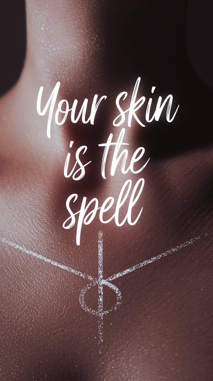 Your Skin Is the Spell A close-up of a collarbone with a sigil or angel number gently written across it in silver ink. Dusty rose lighting, slight shimmer on the skin, no other objects in frame. Text floats just above the collarbone in glowing white cursive, centered and intimate.