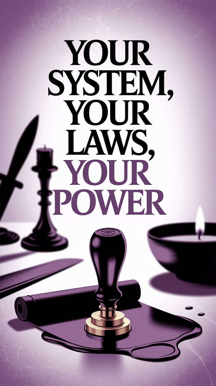 Your System Your Laws Your Power A single wax seal stamp marked with a pentacle presses into black wax over a velvet scroll. The wax glows faintly, giving off an eerie warmth. Behind, blurred outlines of ritual tools: a blade, a bowl, a candle. Everything is in shadow. The text—sharp, serif, and shadowed in plum—floats in the top third, massive and undeniable.