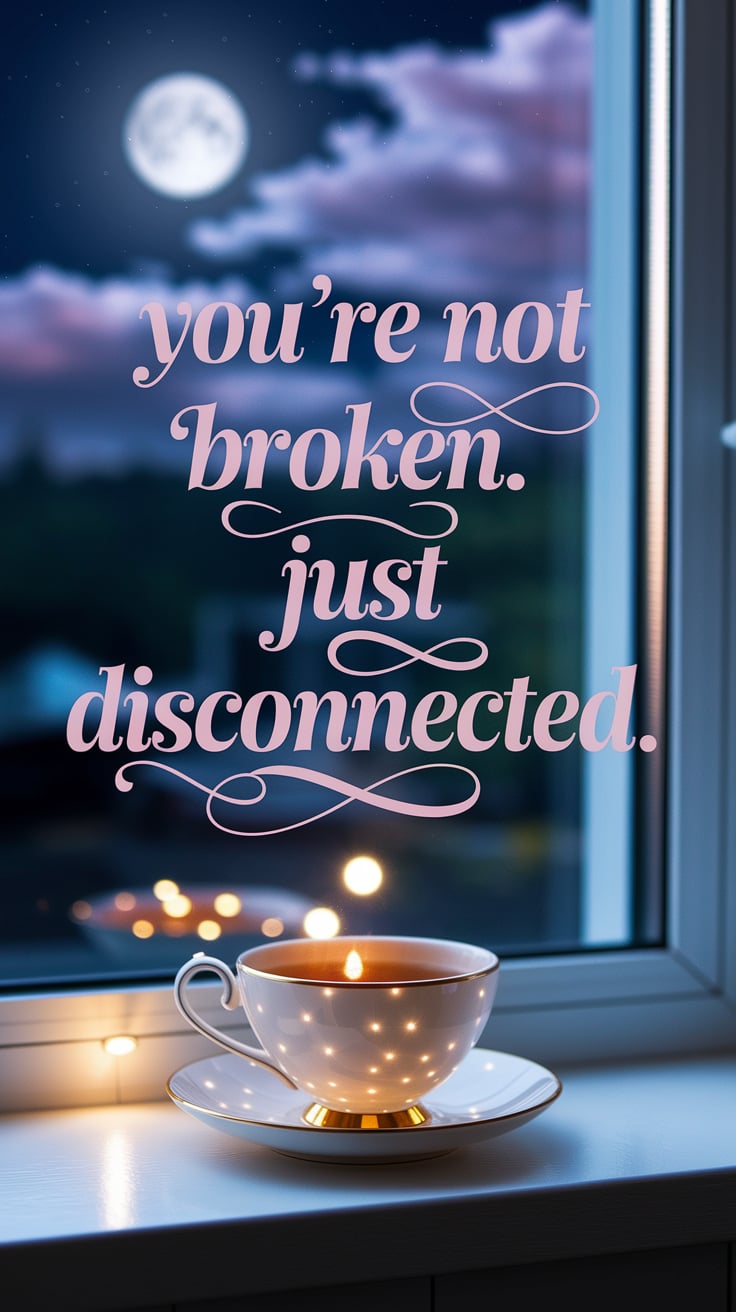 A moonlit scene: a simple cream teacup on a windowsill, glowing from within as though the tea holds light. Outside, the window shows a blurry night sky with soft lavender clouds and one bright star. The text is dreamy script in muted mauve, extremely large and centered, giving a comforting whisper of a promise.
