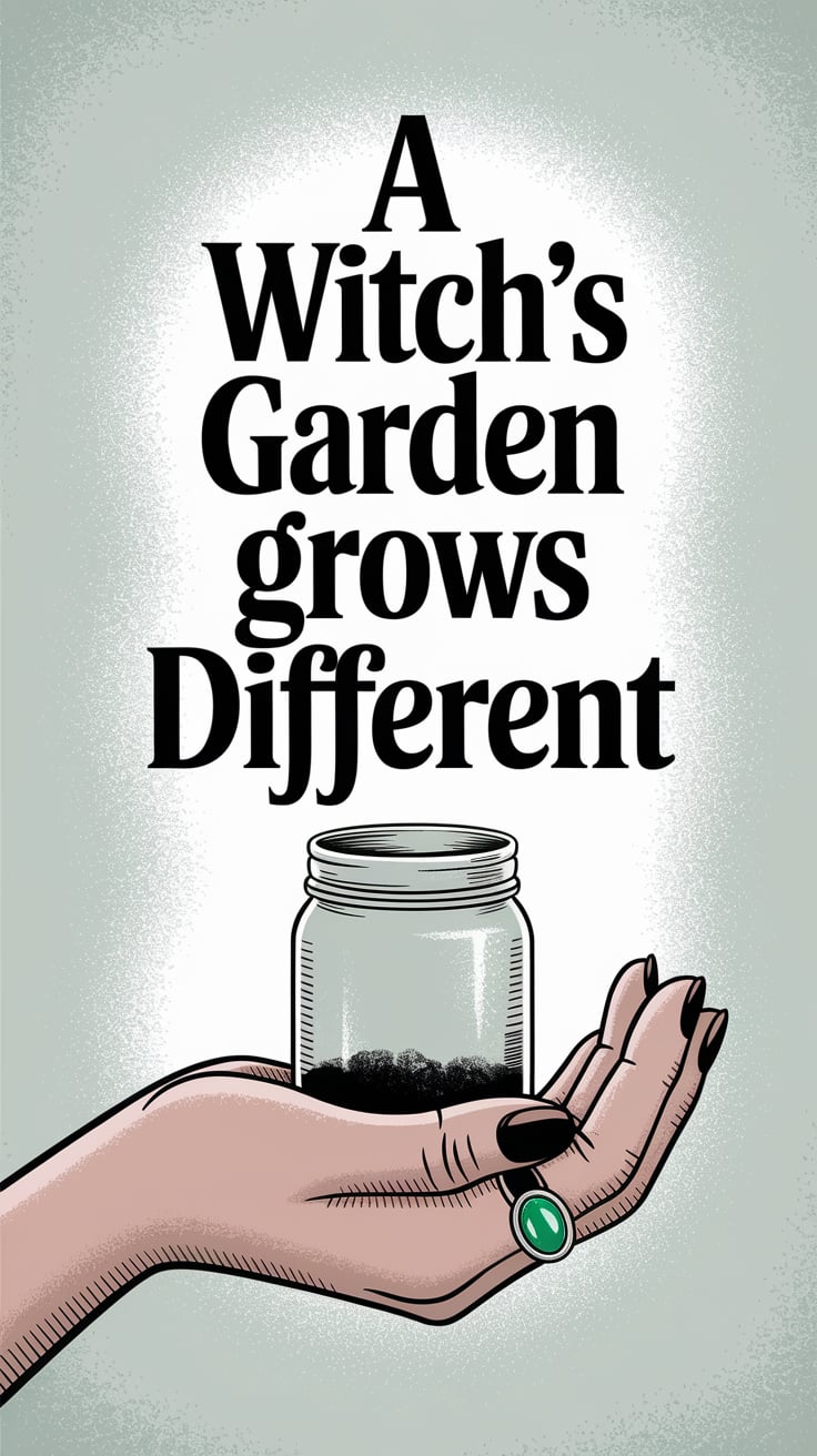 A pale, washed-out cottagecore background with a single small jar cradled in a hand. The hand has dirt beneath the nails and a ring with a green stone. The jar shines faintly against the neutral, desaturated setting. Text is centered directly above the hand, in sharp black handwritten script—large and emotional. It feels powerful but still sweet. A gentle statement that makes you feel like you’re on the outside of a secret. You want in.