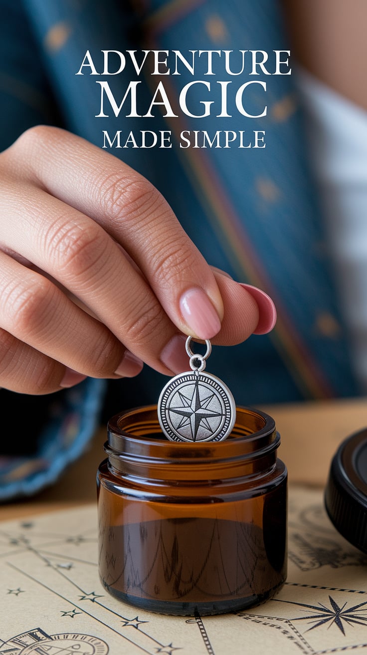 adventure magic made simple A close-up on the hand of a woman placing the compass charm inside the jar. Fingers painted soft rose. Background is blurred parchment with faint sketches of stars and maps. Text is crisp serif, soft black, mid-image.