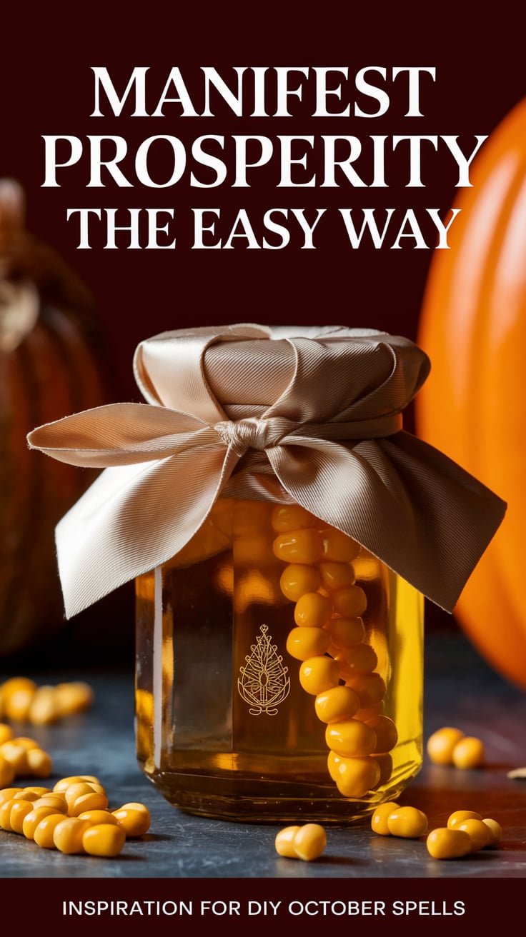 anifest Prosperity the Easy Way An elegant scene with a silk-wrapped bundle tied around the jar, corn kernels suspended in oil, and a tiny engraved glyph. The background is dark, rich with warmth. The commanding font states “Manifest Prosperity the Easy Way” in bold gold letters. Footer: “Inspiration for DIY October Spells.”