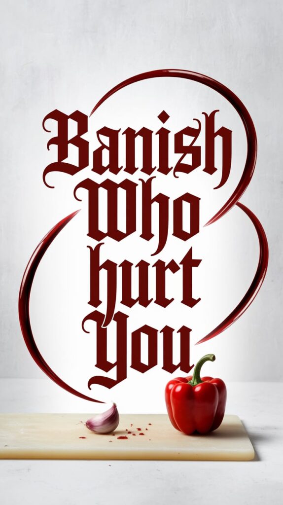 Simple matte white backdrop with a single red pepper and cracked garlic clove on a pale chopping board. Blood-red oil streaks curve around them like an aura. Text is centered, uppercase, deep mars red in a thick gothic serif. It looks poetic. It feels like vengeance.