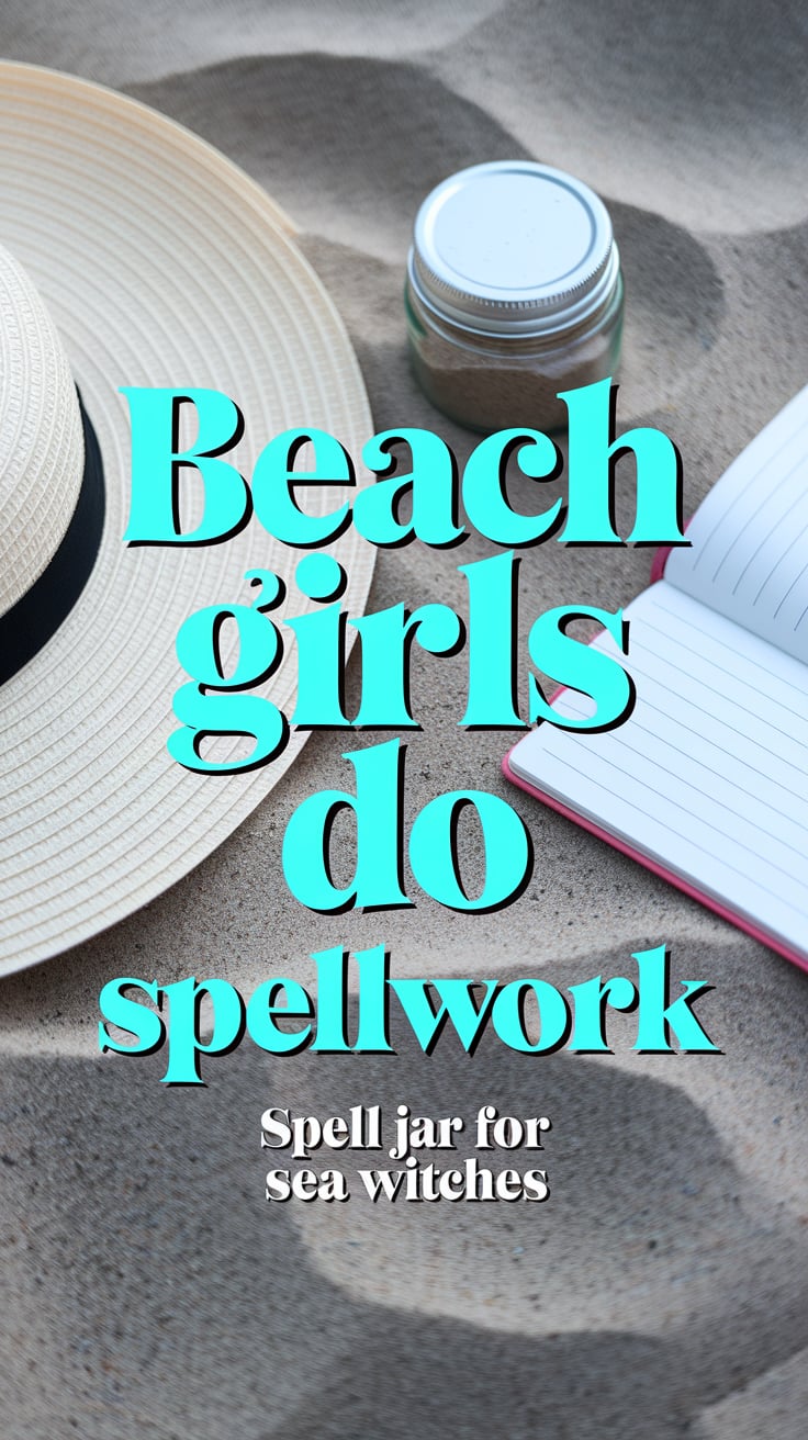 beach girls do spellwork A minimalist photo of a sunhat, a spell jar, and a notebook half-buried in sand. The font is playful serif, bright turquoise, and oversized. “Spell jar for sea witches” follows underneath in small caps, sandy beige font, nestled under the dominant text.
