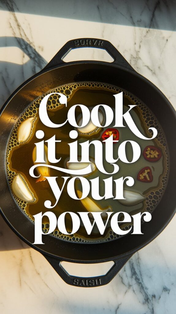 Soft, off-white marble countertop with a heavy, cast iron pan centered in the frame. Inside, golden oil gently bubbles around sliced garlic and red chili. The colors are warm and glowing, with golden light illuminating the oil but the rest of the image falling into soft shadows. The text is large and slightly curved, in an elegant handwritten font, golden-bronze and centered over the image like a command.