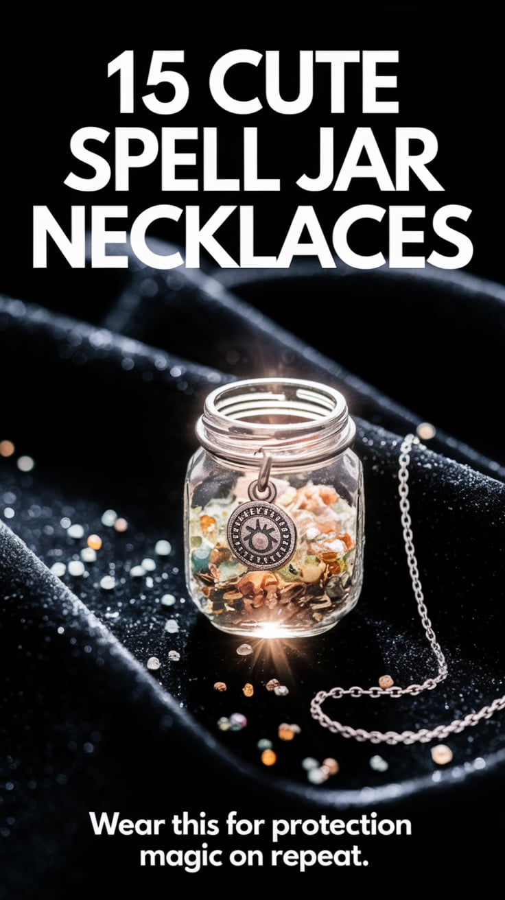 ear this for protection magic on repeat A sleek black velvet backdrop with a silver protection charm necklace glowing softly in natural light. Glints of tinier gemstones and herbs are embedded in the scene. The bold text reads, “15 Cute Spell Jar Necklaces” in bright white with high contrast. Subtext: “Wear this for protection magic on repeat.”