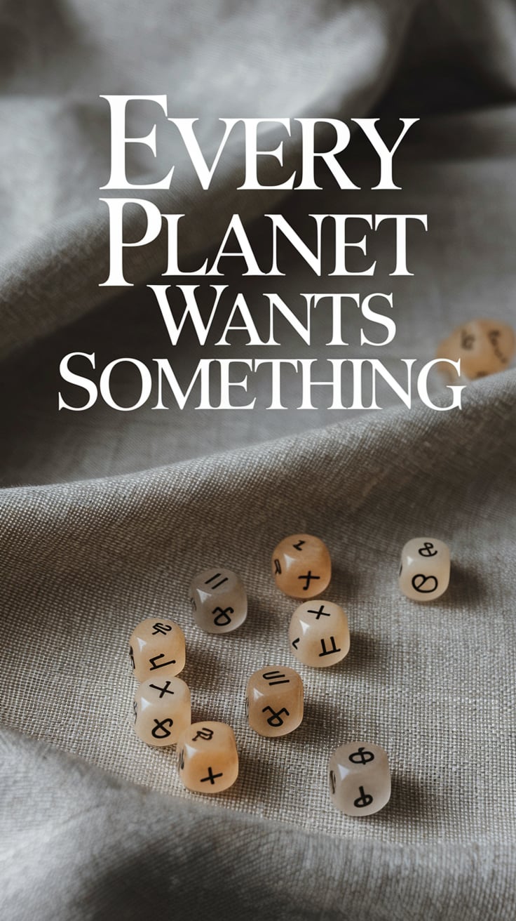 every planet wants somethin Soft-focus layout of all 12 planetary dice set in a slow curve across a linen altar cloth. Neutral greys and oat colors make up the background. Dice are crystal clear, but subdued in tone. Text is large, white serif, thick enough to be commanding, placed low like a headline in a spiritual newspaper.