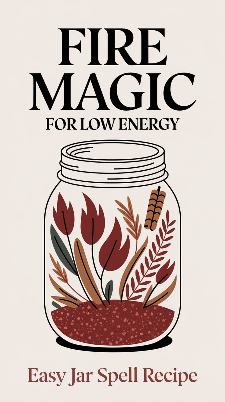fire magic for low energy A clean bone-white background with a vivid red line drawing of a jar in the middle. Inside: garnet, cinnamon, and fire-colored herbs float gently. Large, bold sans-serif text in soft matte black dominates the top half. ‘Easy jar spell recipe’ rests below in a muted cinnamon hue.
