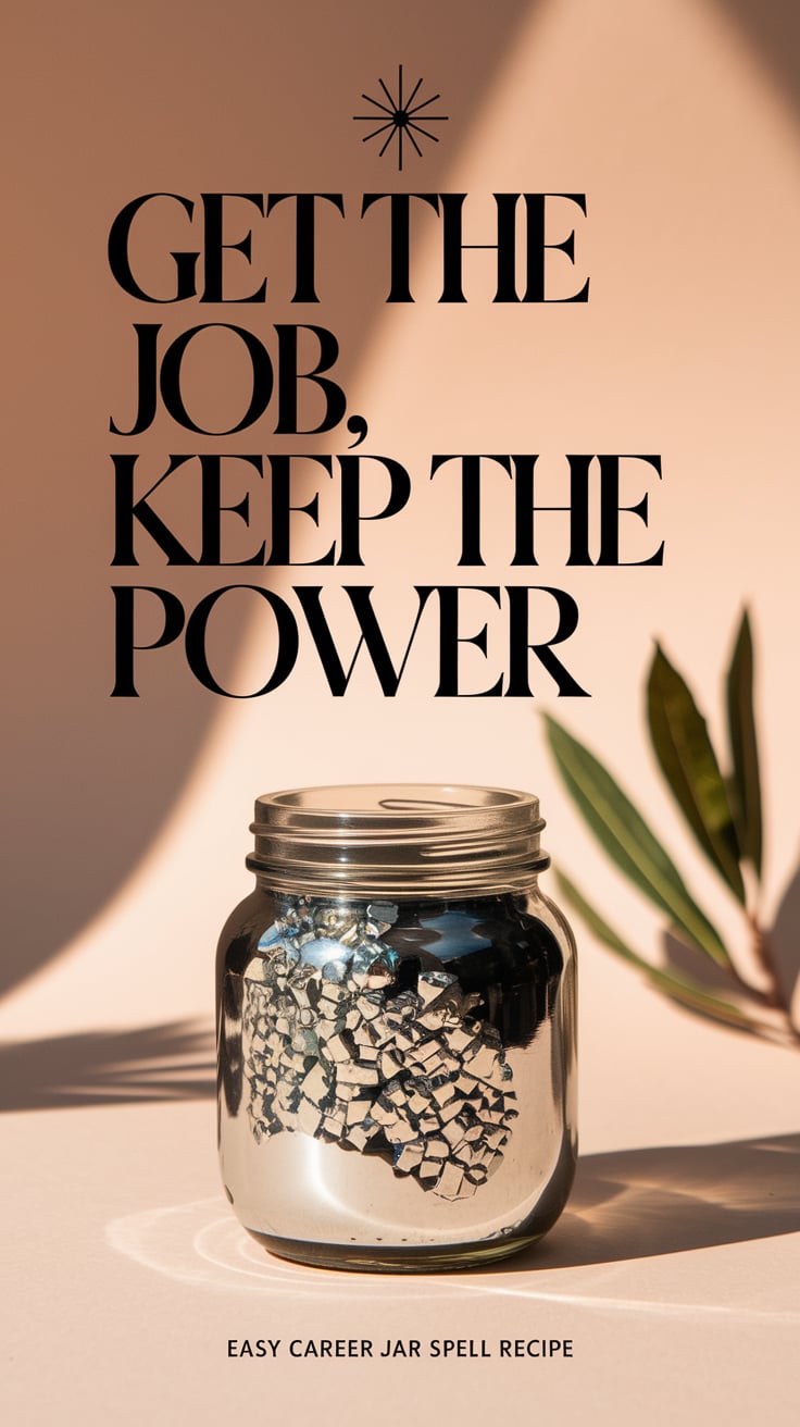 get the job keep the power Soft tan background with a sleek glass jar in focus, pyrite visible and gleaming. Behind it: a faint shadow of bay leaves. Text is black, tall, and tightly spaced—commanding yet elegant.