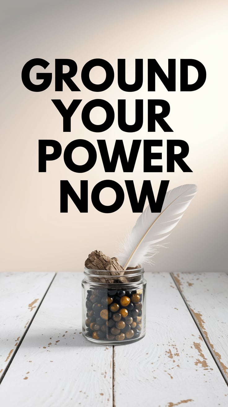 A small jar filled with tiger’s eye stones and rough oak bark sits centered on a whitewashed wooden surface with faint gold flecks. A slender white feather is tucked casually inside the jar, visible through the glass. The background is a soft gradient of pale peach to white, airy and light. Text is large, uppercase, sans-serif in deep charcoal black with soft gol