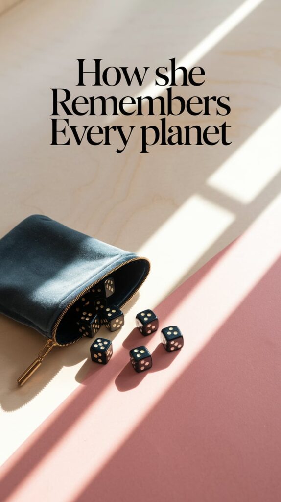 A flat-lay of a velvet pouch spilling dice onto a light wood surface. One die is framed by sunlight pouring through a window, making it glow. Pale cream and rosy blush background with warm white light and long shadows. Text is minimalist black serif, subtle italics, large and placed in the top third—like a diary secret.