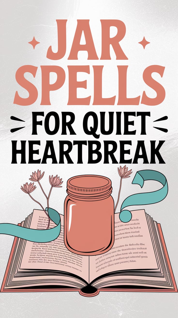 The image features a spell jar resting on an open book of spell recipes, with turquoise ribbon curling like a question mark. Dried honeysuckle is scattered like punctuation. The font is block serif in pale coral, uppercase, and dead center. The background is chalk white, barely textured for a handwritten feel.