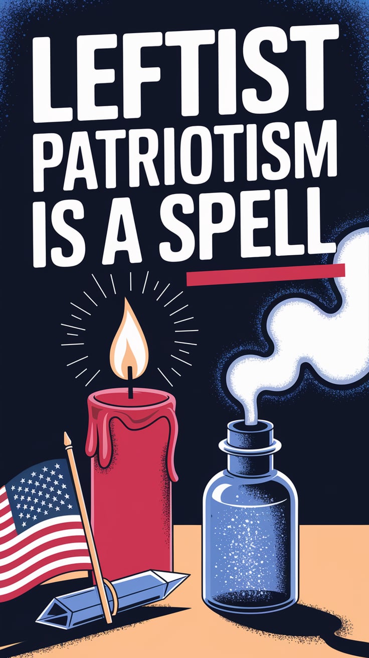 leftist patriotism is a spell A bold red candle burns quietly next to a tiny American flag folded beneath a quartz point. A small bottle glows with blue glitter and white smoke rising from it. Background is navy with soft spark textures. Text is large, all lowercase, in bold white serif with a thin red drop shadow. Itโs placed high in the image, like a banner headline.