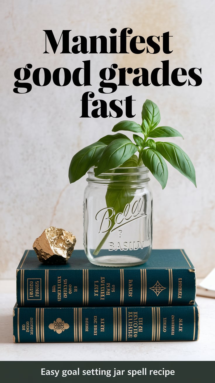 manifest good grades fast Soft ivory background with a jar resting on a stack of vintage books, basil and bay inside. A glint of gold pyrite sits beside it like a secret weapon. Text is modern sans-serif in charcoal gray, bold and collegiate.
