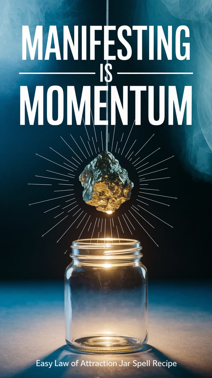 manifesting is momentum A light smoky blue backdrop with a suspended pyrite piece in the middle of the frame, glowing. Below it sits the jar, open and radiant. Text is soft white, bold and airy, feeling like motion and focus.