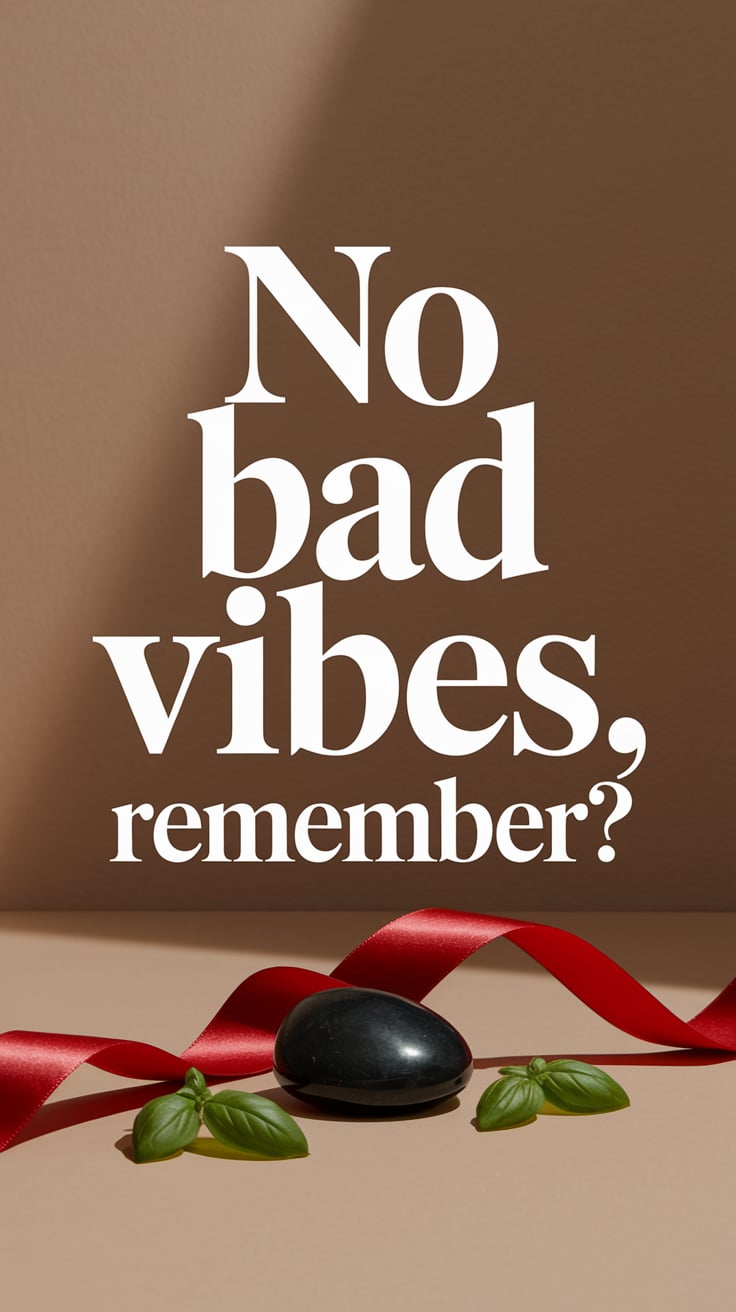 Muted beige backdrop. A red ribbon draped around a softly glowing black stone. Basil scattered like an offering. The text is pale white serif, centered and massive. Clean, sweet, and ironically accusing—like someone repeating something you failed to follow through on. Feels charming, but also corrective