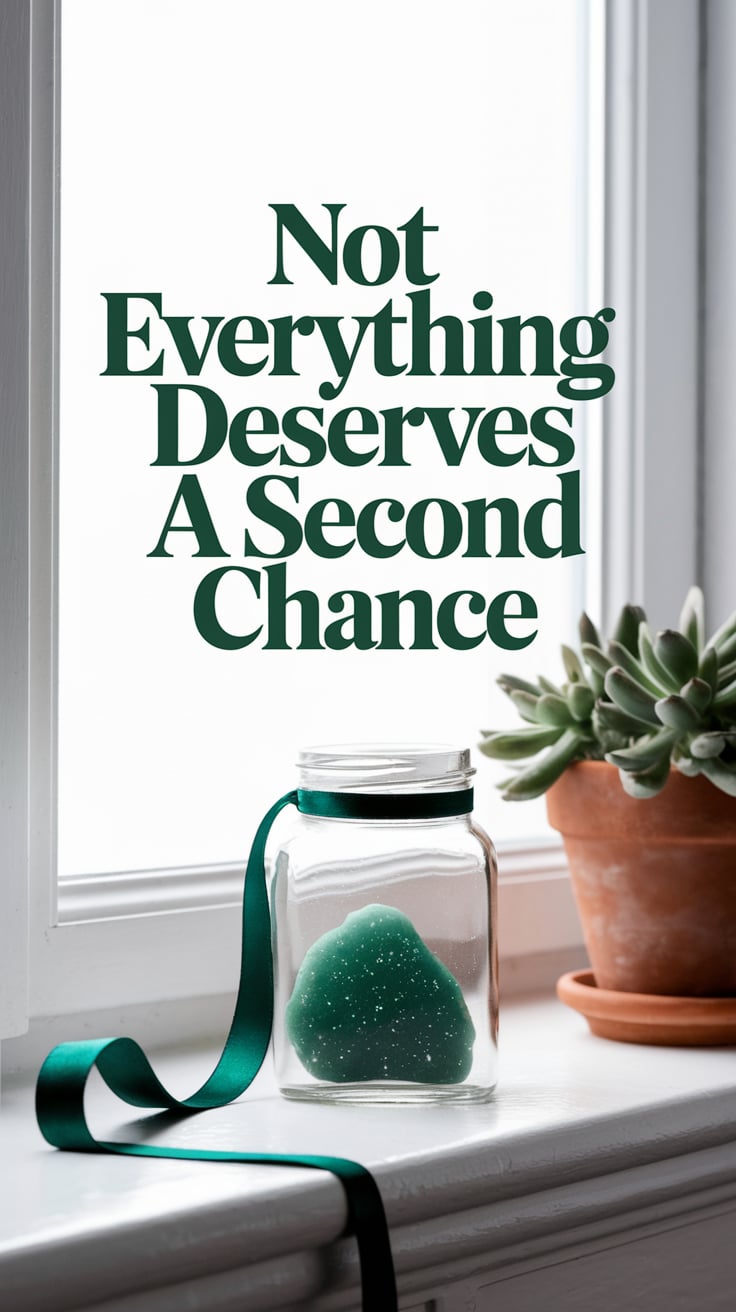 A white-washed windowsill with a jar resting near a potted plant. A green ribbon trails slightly off the ledge, fluttering. Aventurine sparkles faintly in the jar’s center. The background is pure daylight. Font is a commanding serif, all caps, deep green, hard and clean in the center. Looks sweet—feels like a slap.