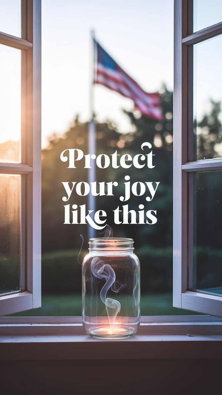 protect your joy like this The jar sits on an open windowsill with sun streaming in. In the distance, a flag waves. The jar glows from inside, hints of smoke curling from it. Colors are gentle pastel versions of red, white, and blue. Text is mid-sized, soft white serif, placed like a whisper across the center. Slight glow effect for readability.
