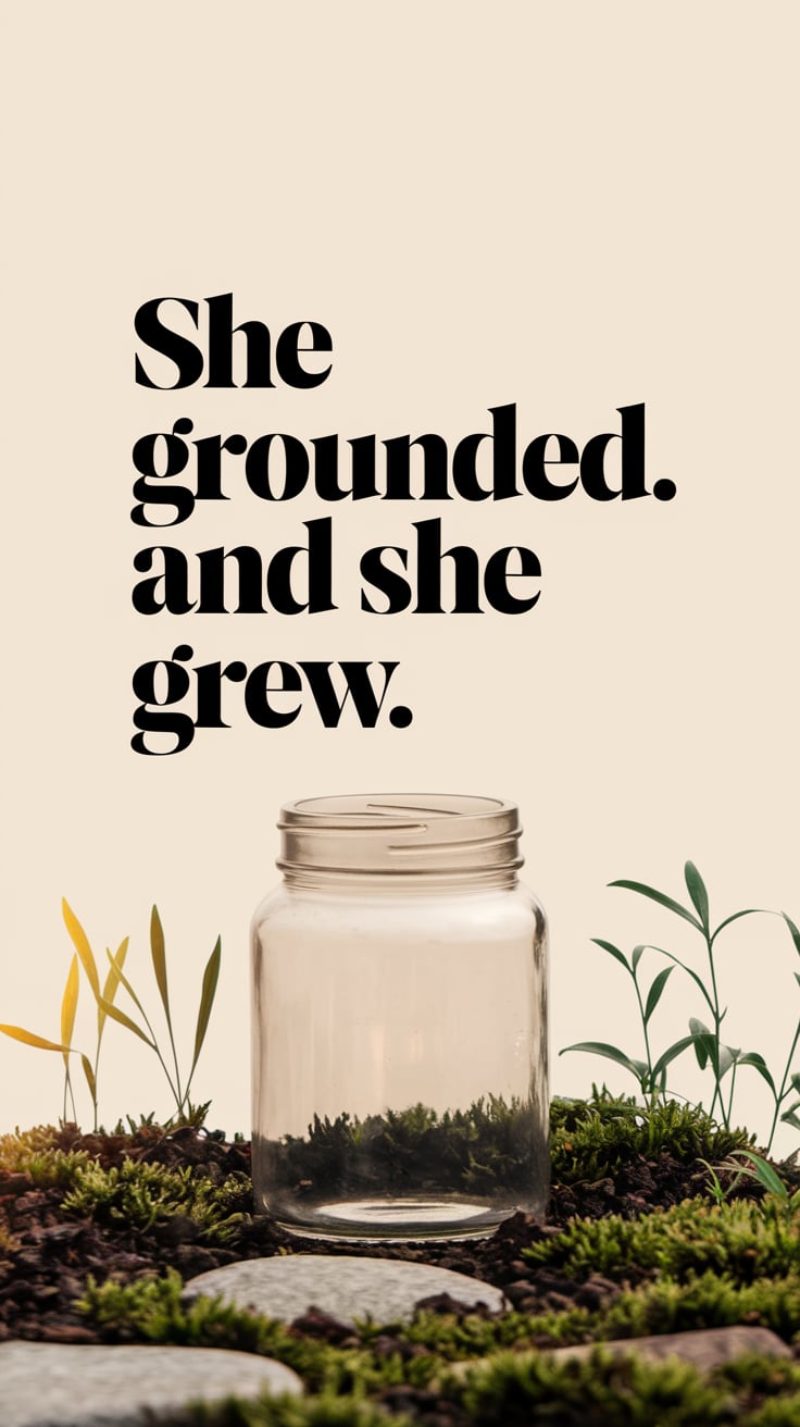 she grounded. and she grew A minimalist image of a jar placed on a moss bed with only bare soil, stone, and green. Slight golden rays hit the jar at an angle. The background is pale cream. The text is soft gold, large, and aligned slightly lower than center. It feels like folklore but hits like fact.